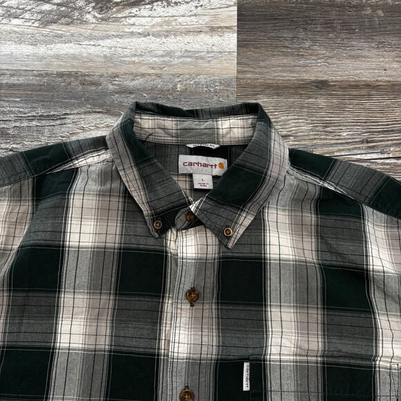 Carhartt Flannel Tartan Plaid Gray White Green Mens L Relaxed Button Twill Shirt - Picture 5 of 8